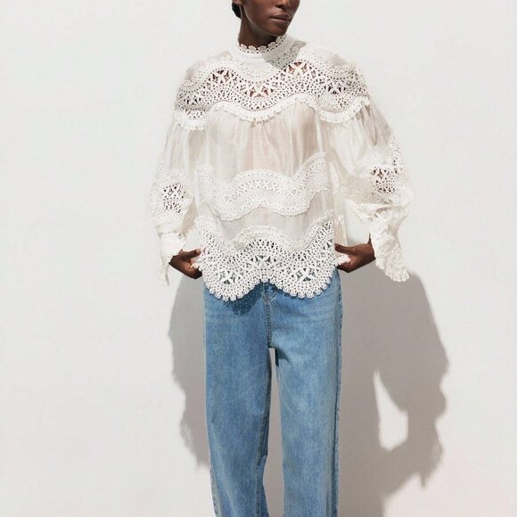 White Elegant Women's Patchwork Top - Picture 8 of 9